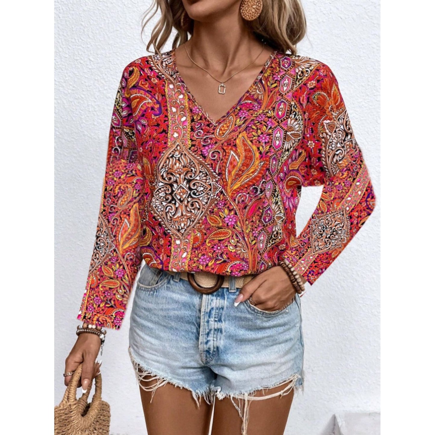 Printed V-Neck Long Sleeve Blouse