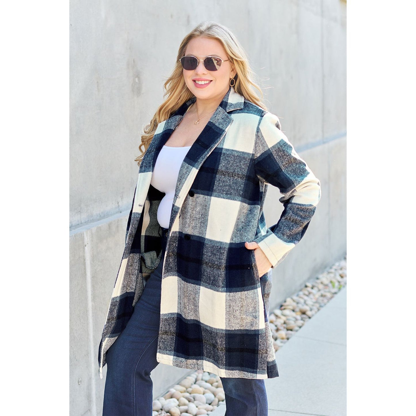 Double Take Full Size Plaid Button Up Lapel Collar Coat