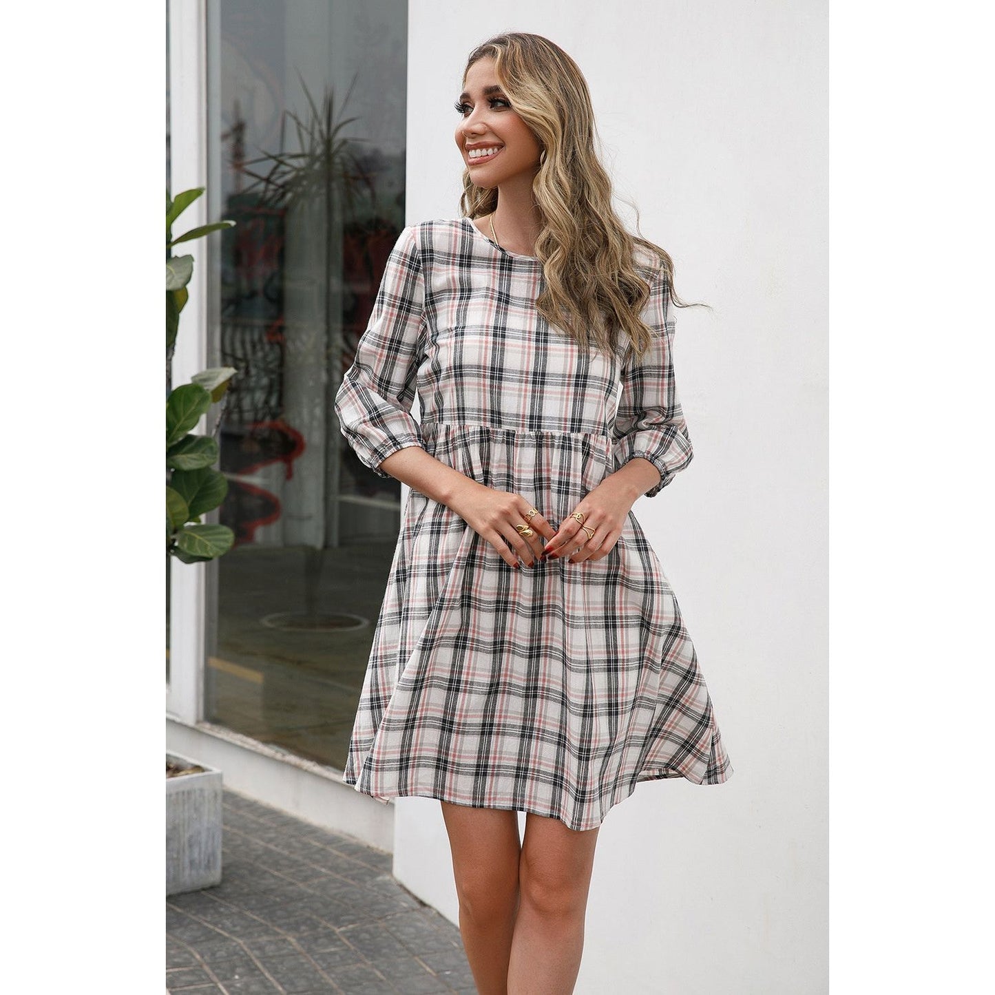 Ivy Lane Plaid Round Neck Mini Dress