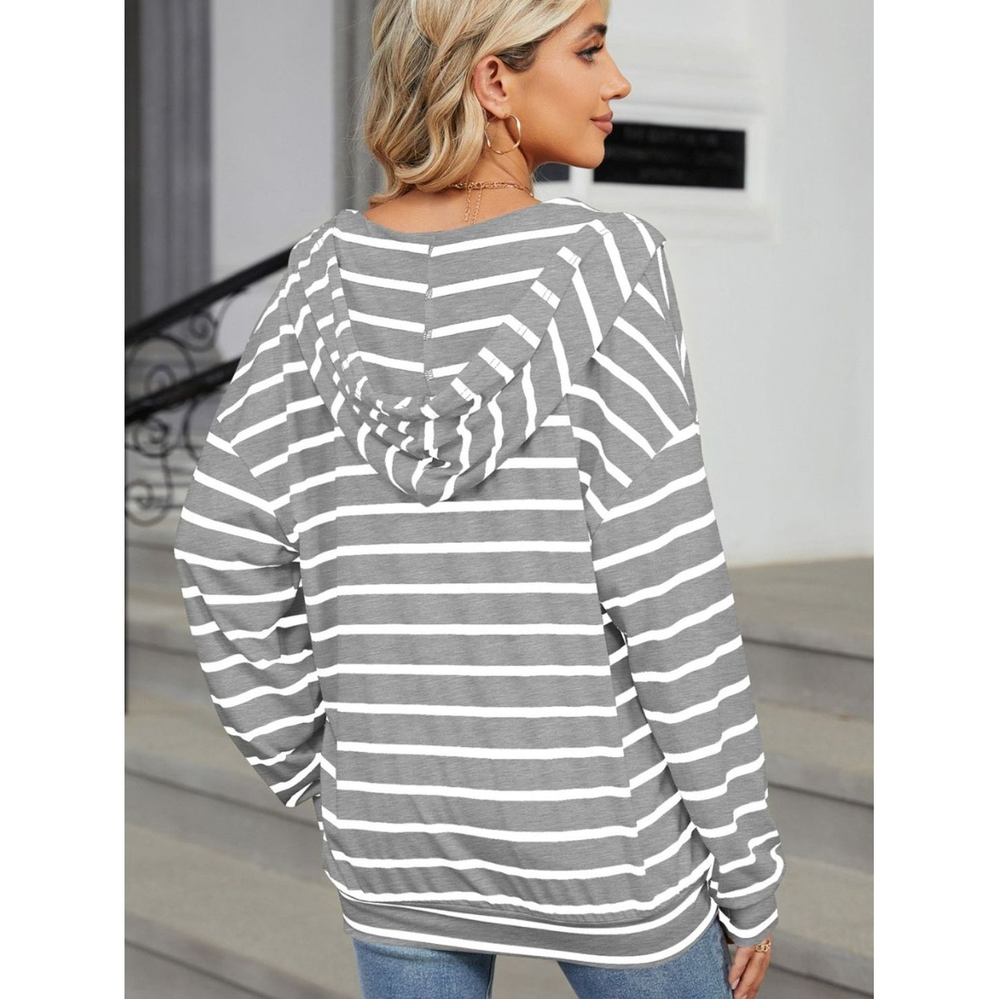 Drawstring Striped Long Sleeve Hoodie