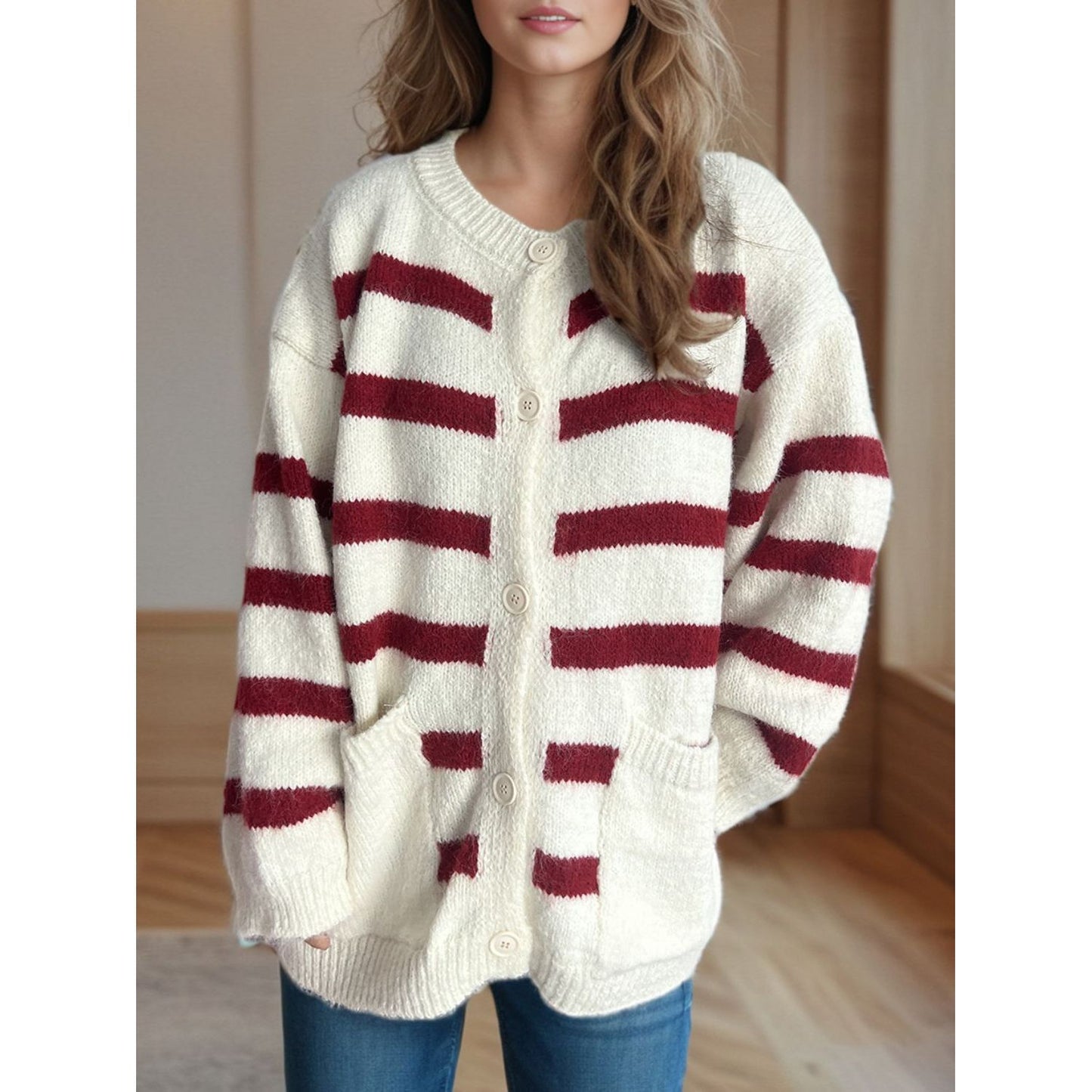 Striped Button Down Long Sleeve Cardigan