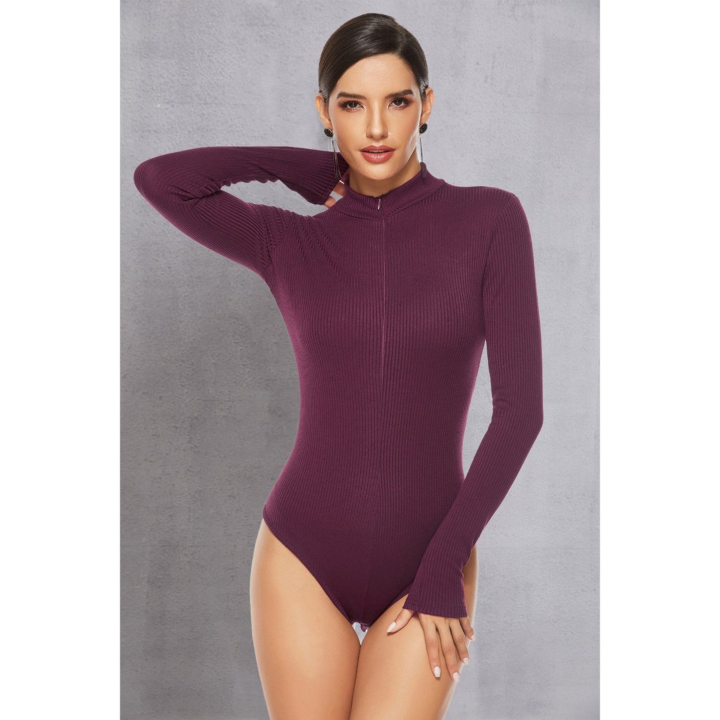 Full Size Ribbed Half Zip Long Sleeve Bodysuit