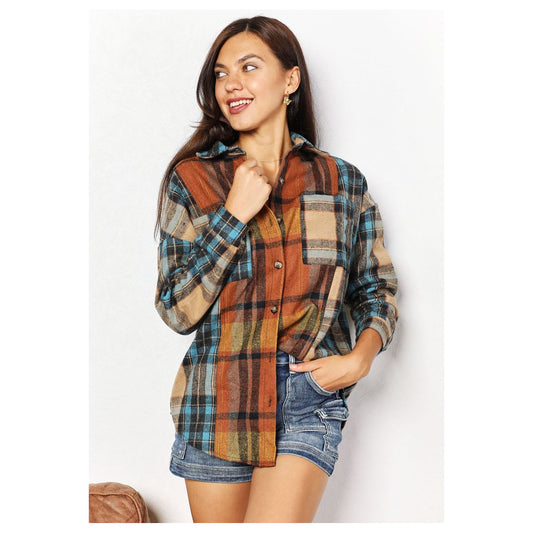 Double Take Plaid Curved Hem Shirt Jacket with Breast Pockets