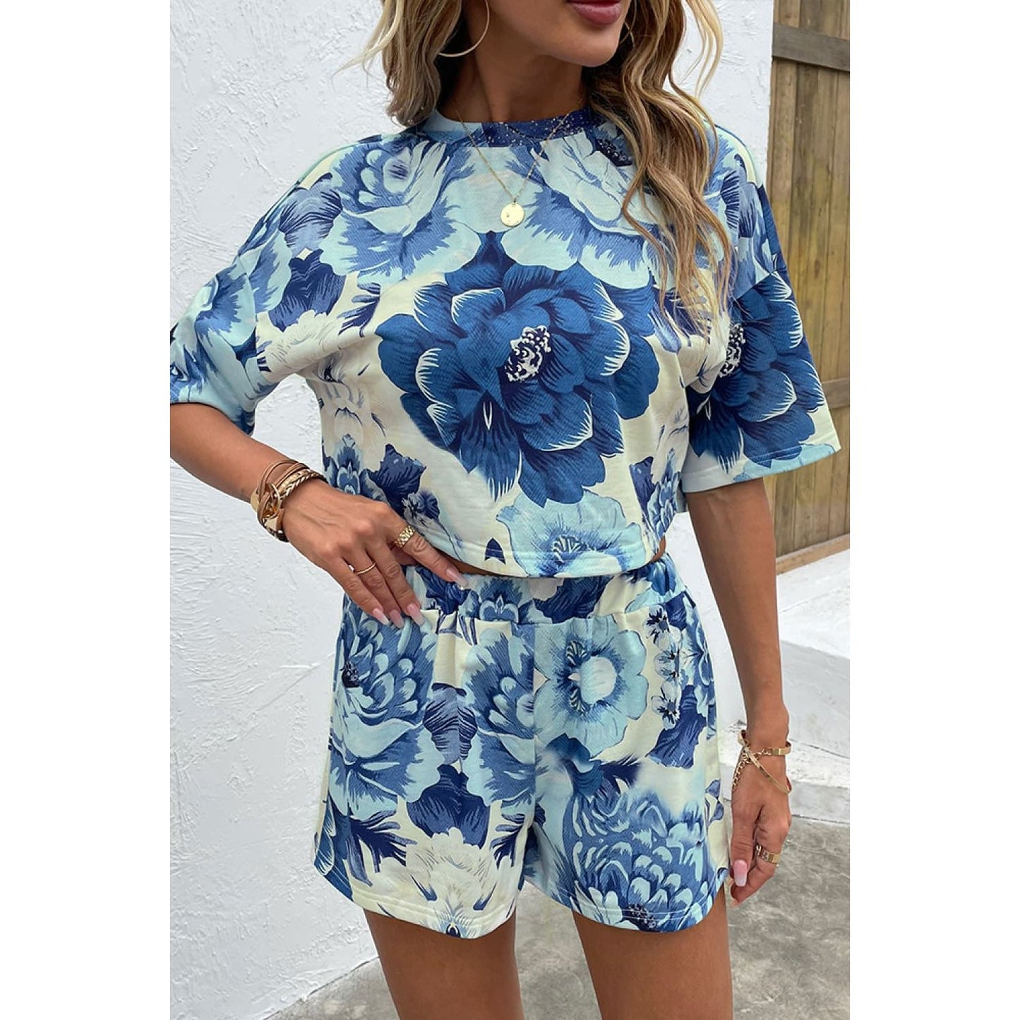 Shiny Printed Half Sleeve Top and Shorts Lounge Set