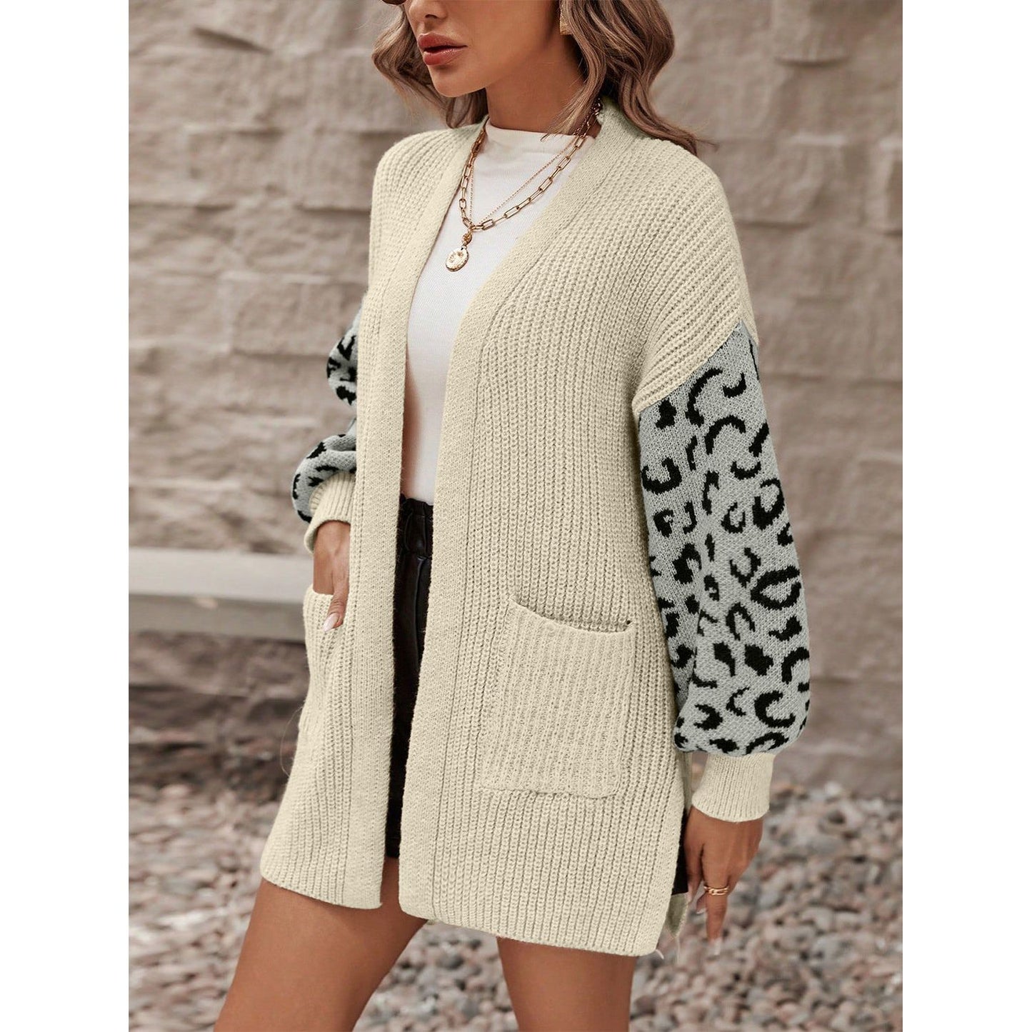 Pocketed Leopard Open Front Cardigan