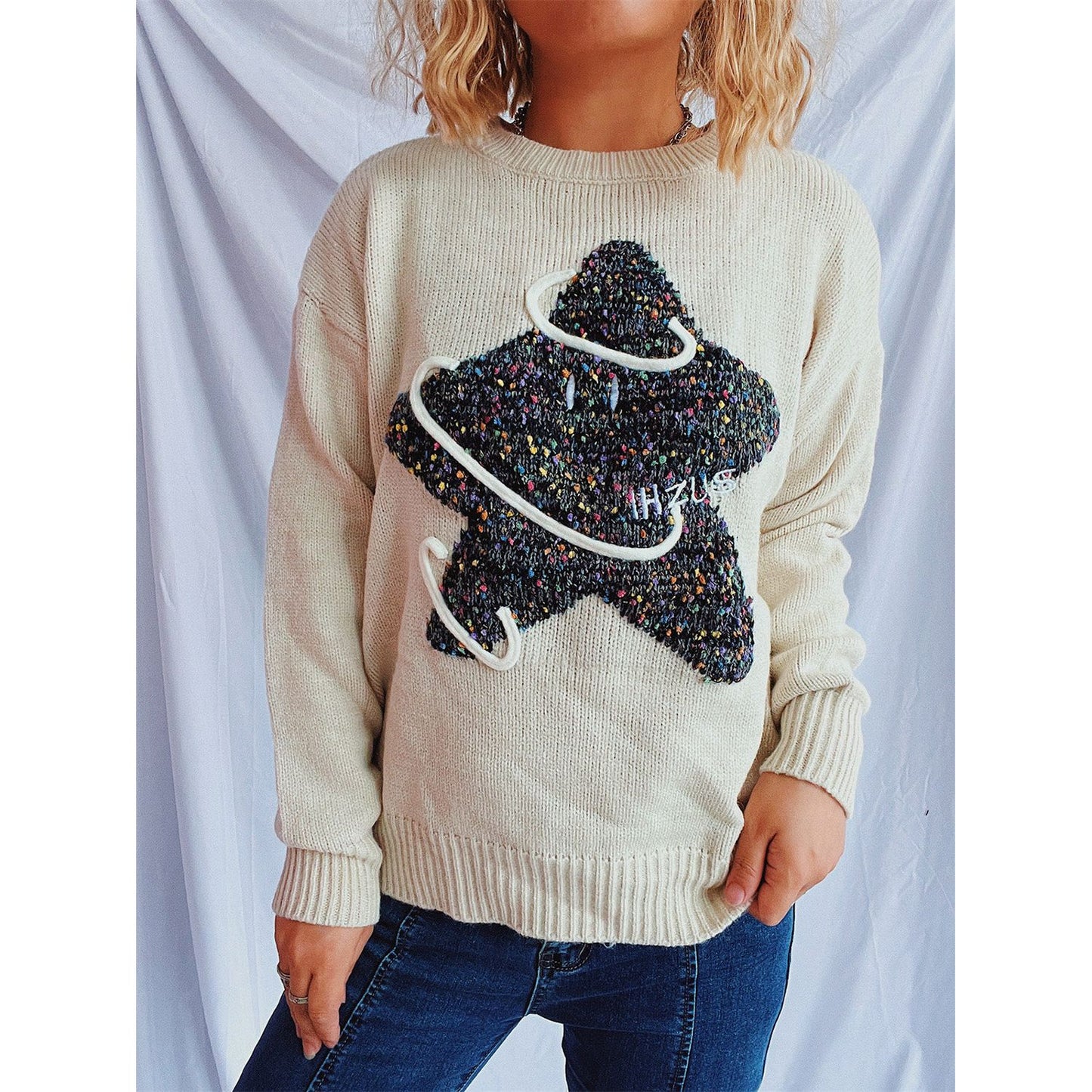 Contrast Star Round Neck Long Sleeve Sweater