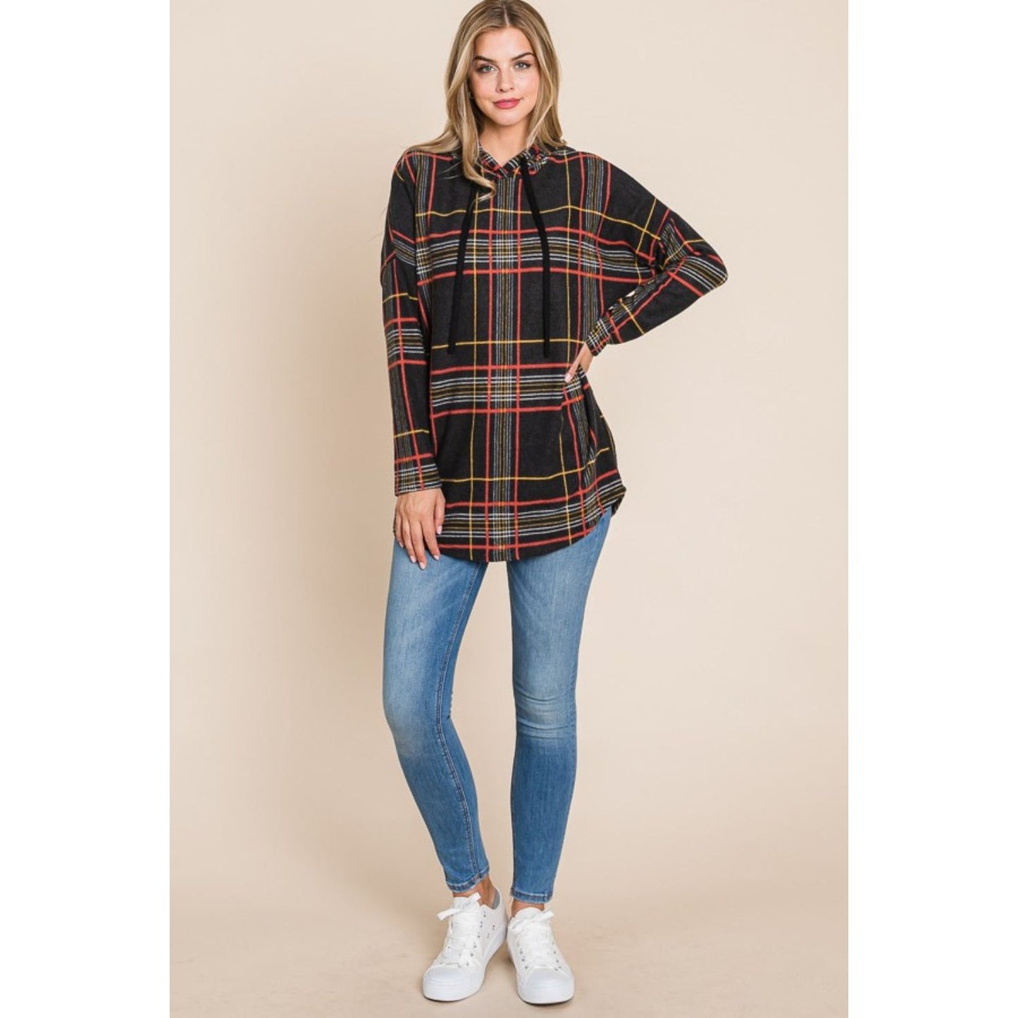 BOMBOM Drawstring Plaid Long Sleeve Hoodie