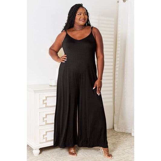 Double Take Full Size Soft Rayon Spaghetti Strap Tied Wide Leg Jumpsuit