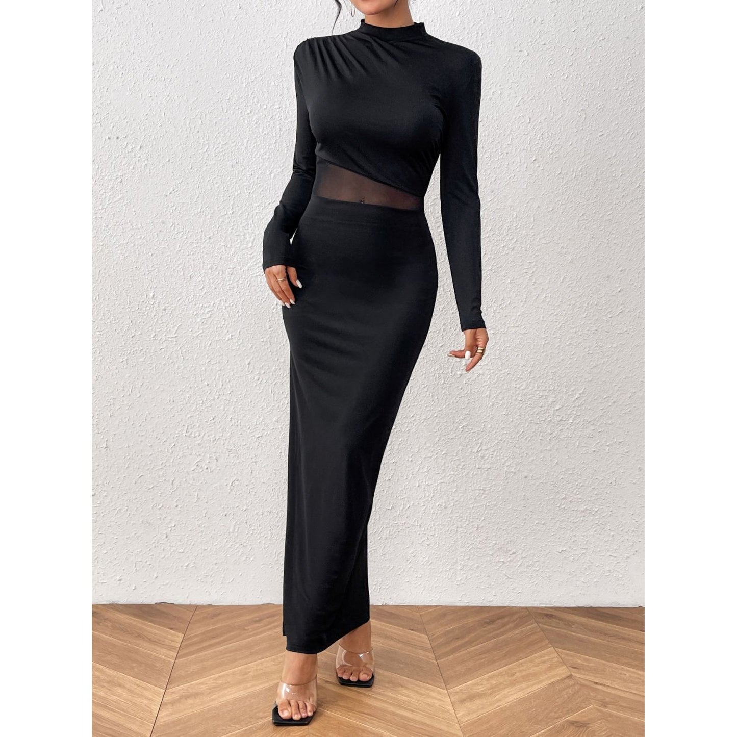 Honey Slit Mock Neck Long Sleeve Maxi Dress