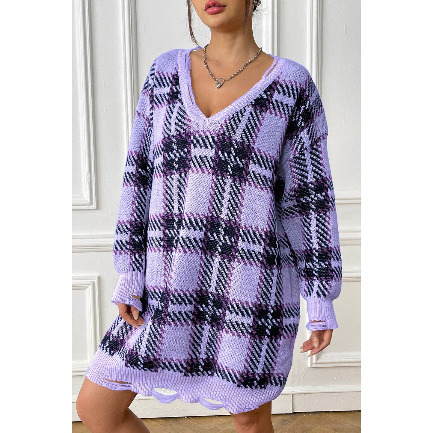 Plaid V-Neck Long Sleeve Sweater Dress