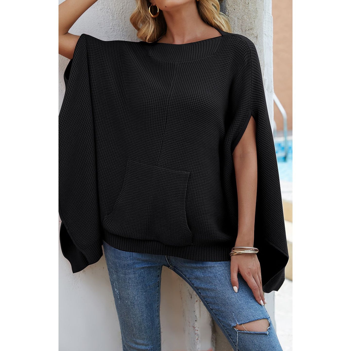 Waffle-Knit Pocketed Cape Sleeve Sweater