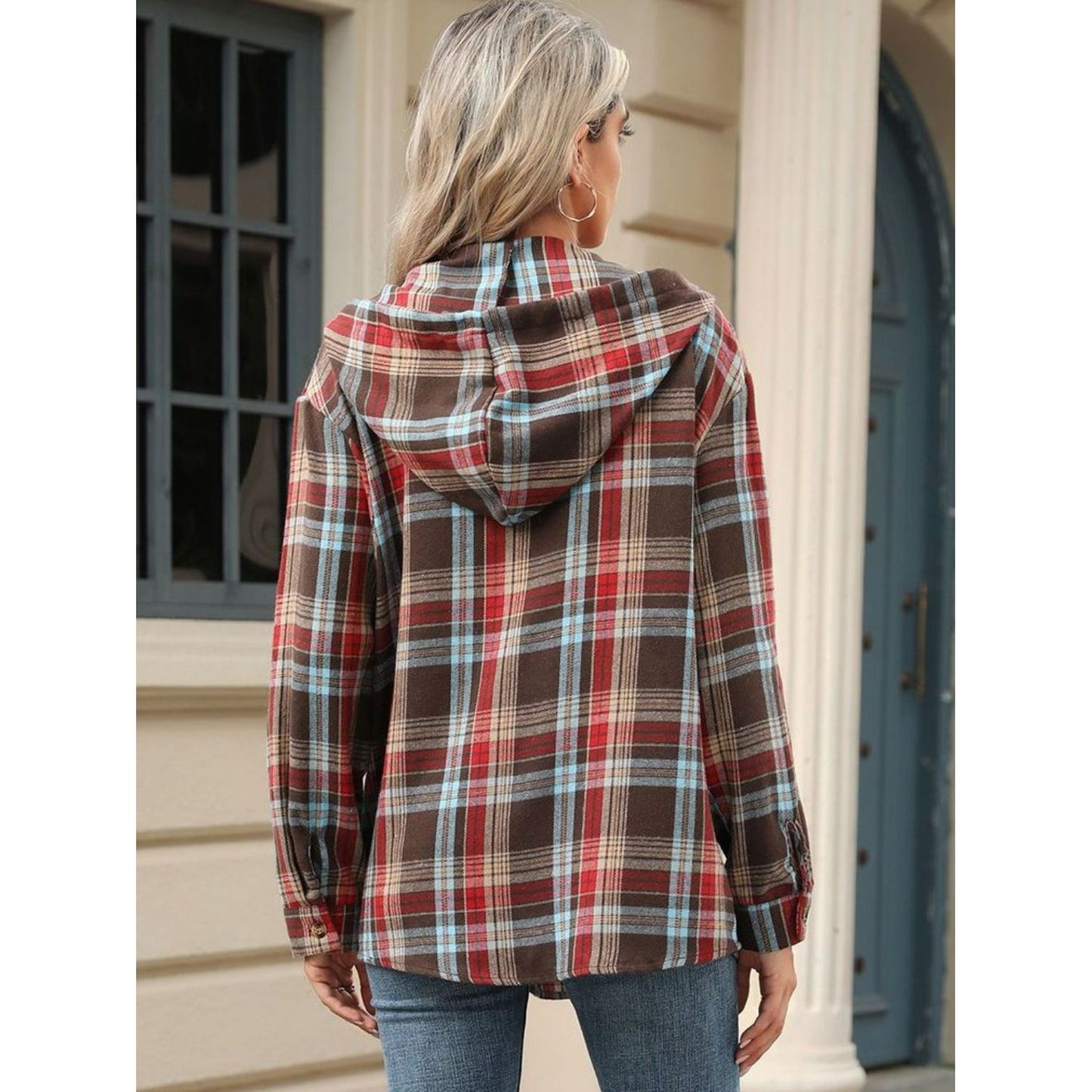 Drawstring Plaid Hooded Long Sleeve Top