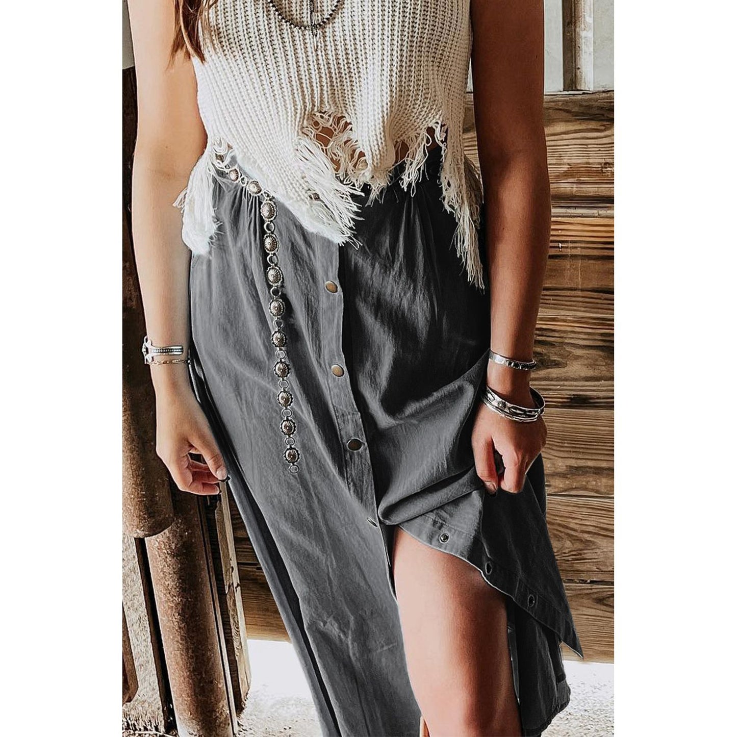 Snap Down High Waist Denim Skirt