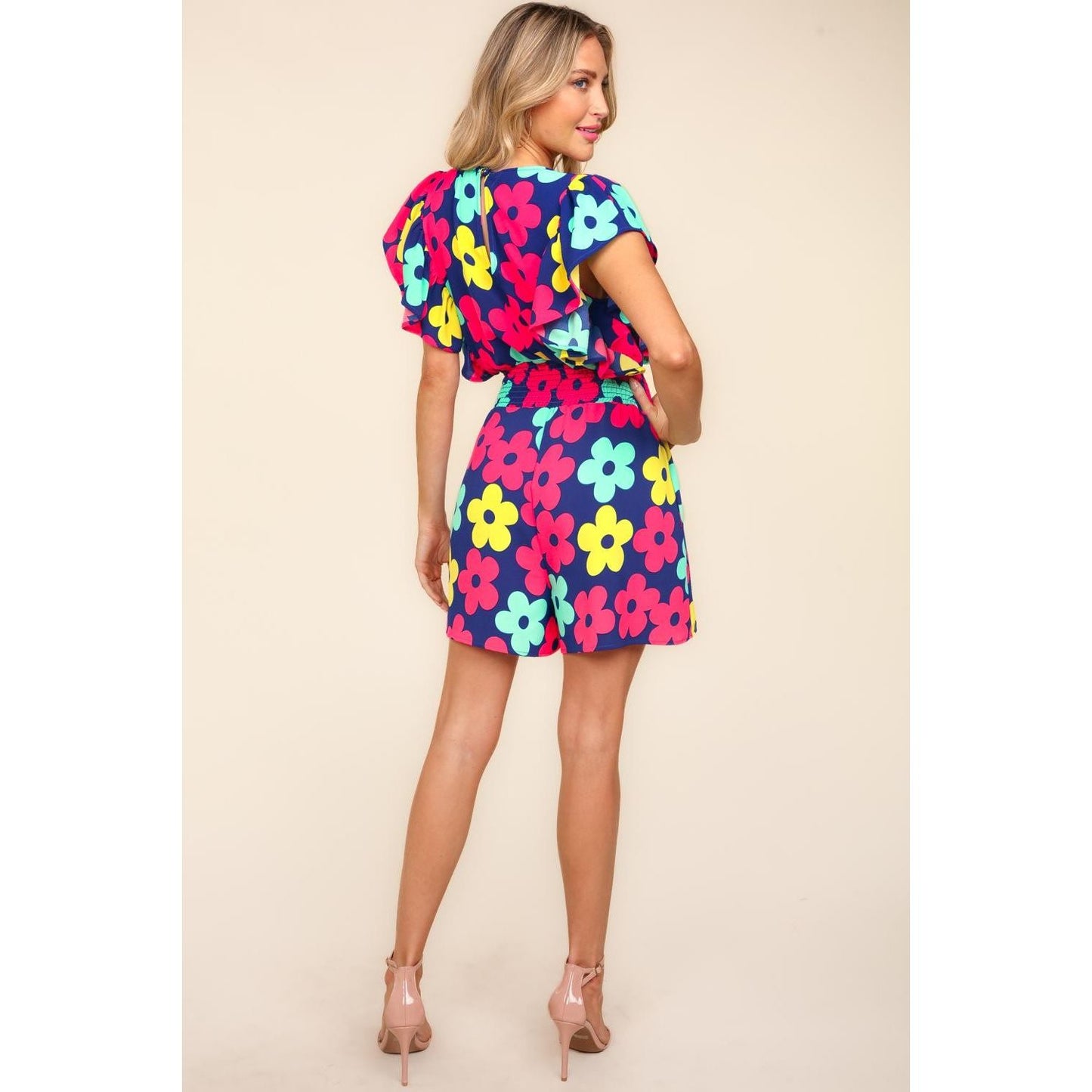 Haptics Floral Smocked Waist Romper with Side Pockets