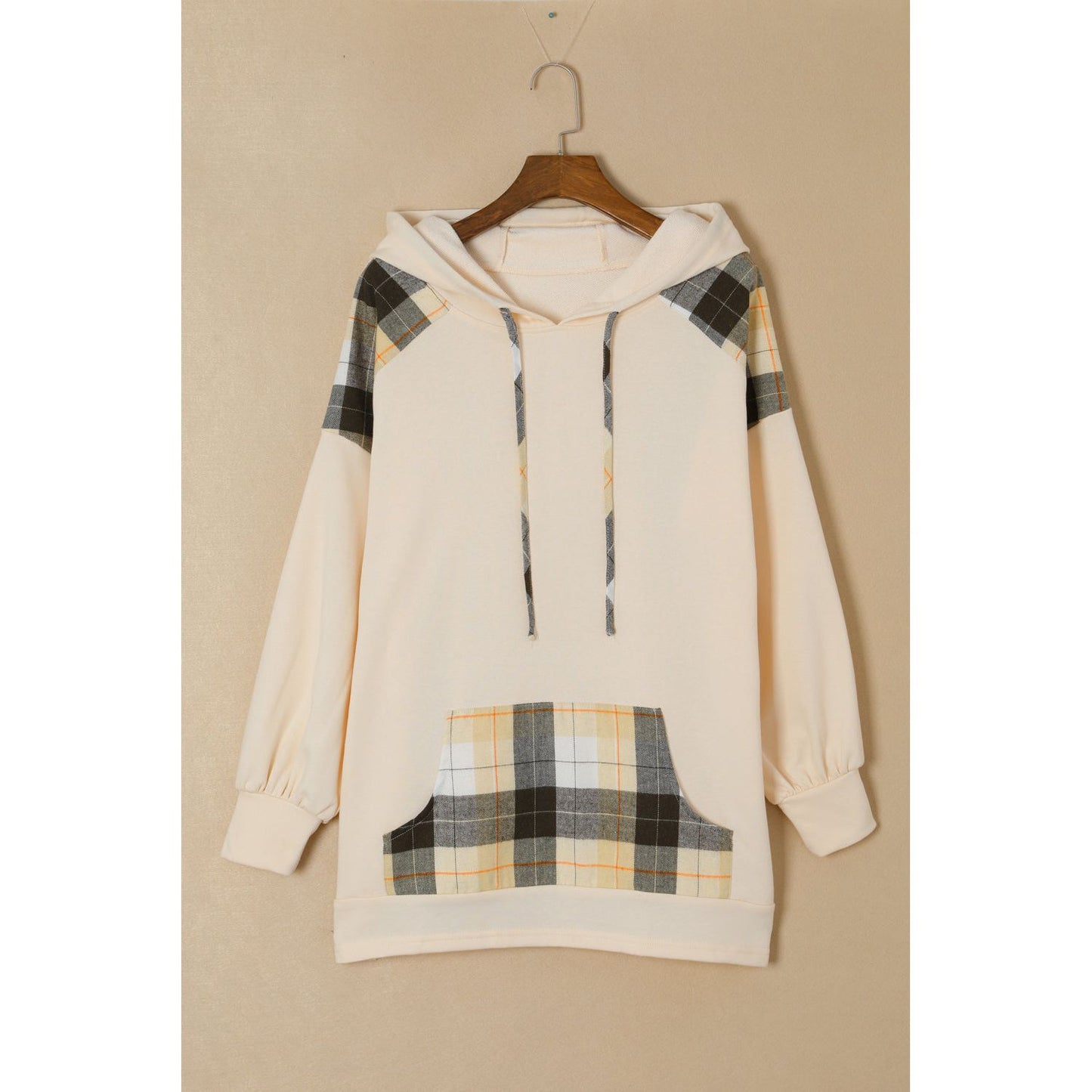 Drawstring Plaid Long Sleeve Hoodie