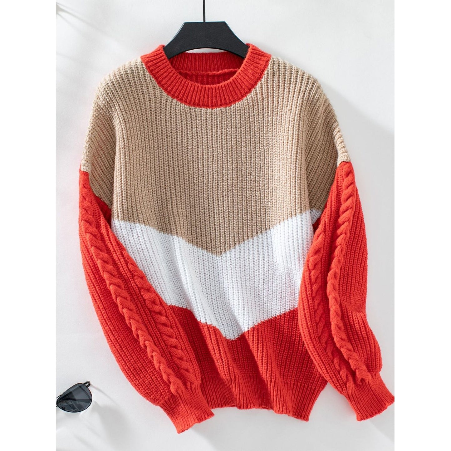 Contrast Round Neck Long Sleeve Sweater