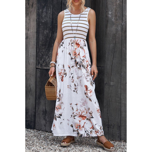 Striped Floral Round Neck Sleeveless Maxi Dress