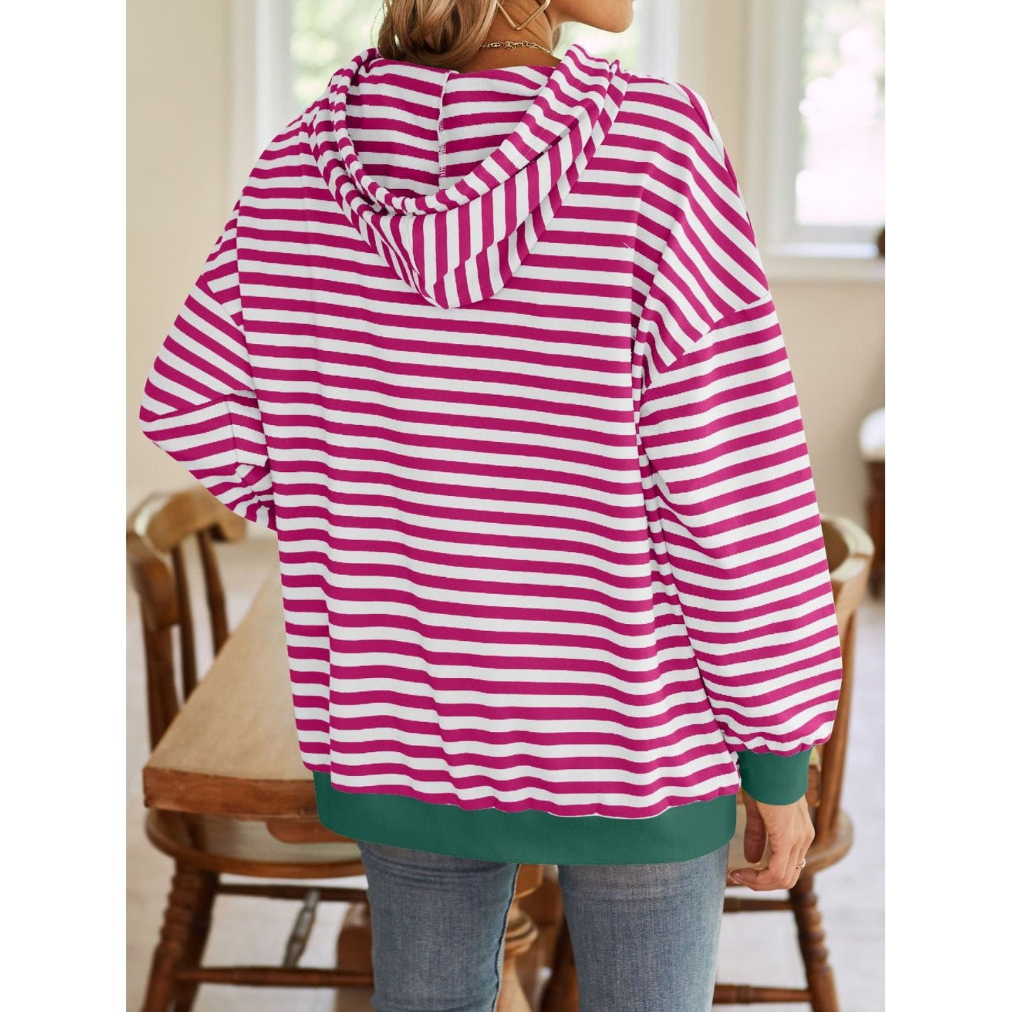 Lovelet Drawstring Striped Long Sleeve Hoodie