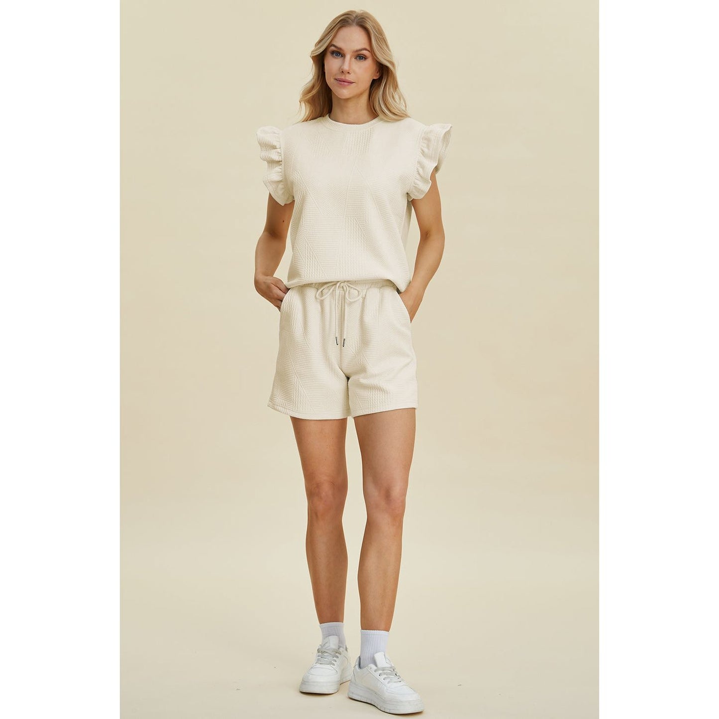 Double Take Full Size Texture Round Neck Ruffle Sleeve Top and Shorts Set