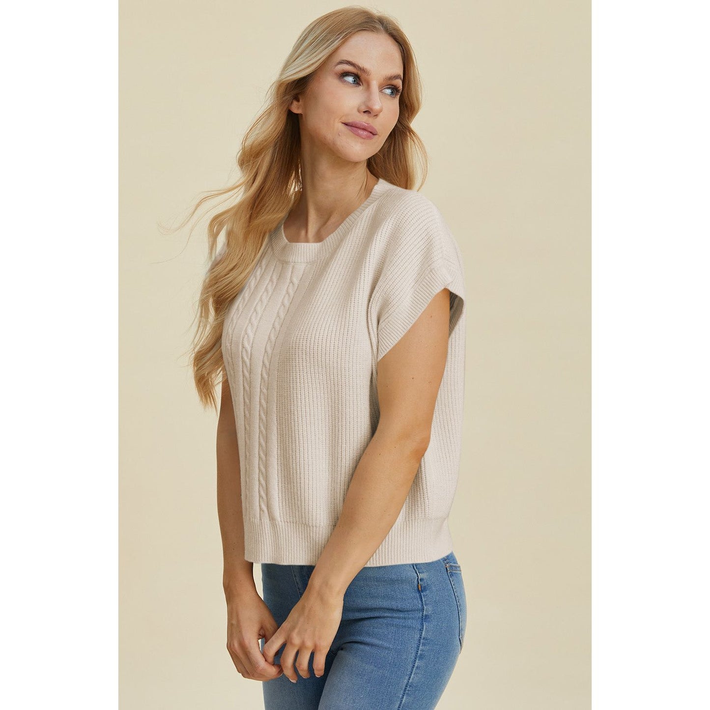 Double Take Full Size Cable-Knit Round Neck Short Sleeve Sweater