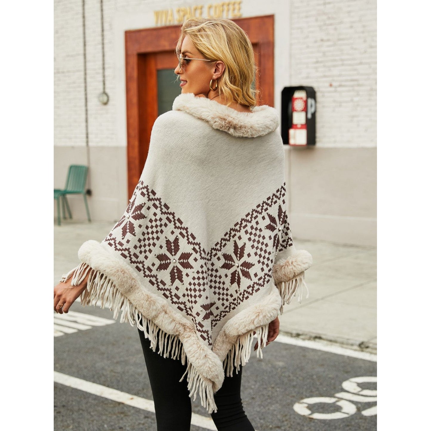 Fringe Geometric Cape Sleeve Poncho