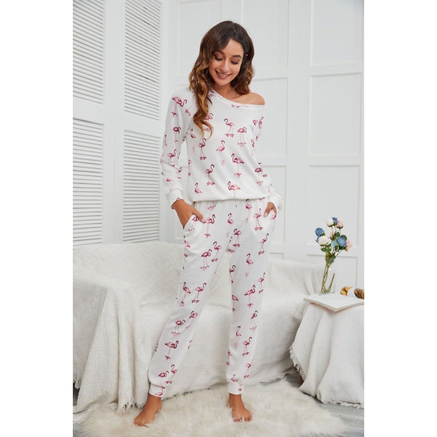 Flamingo Long Sleeve Top and Pants Lounge Set