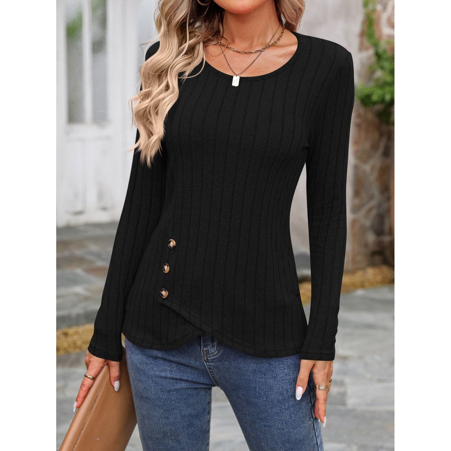 Decorative Button Round Neck Long Sleeve T-Shirt