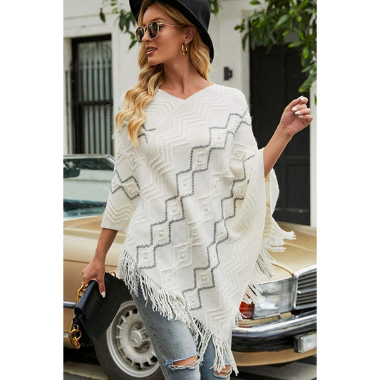 Pearl Trim V-Neck Fringe Hem Poncho