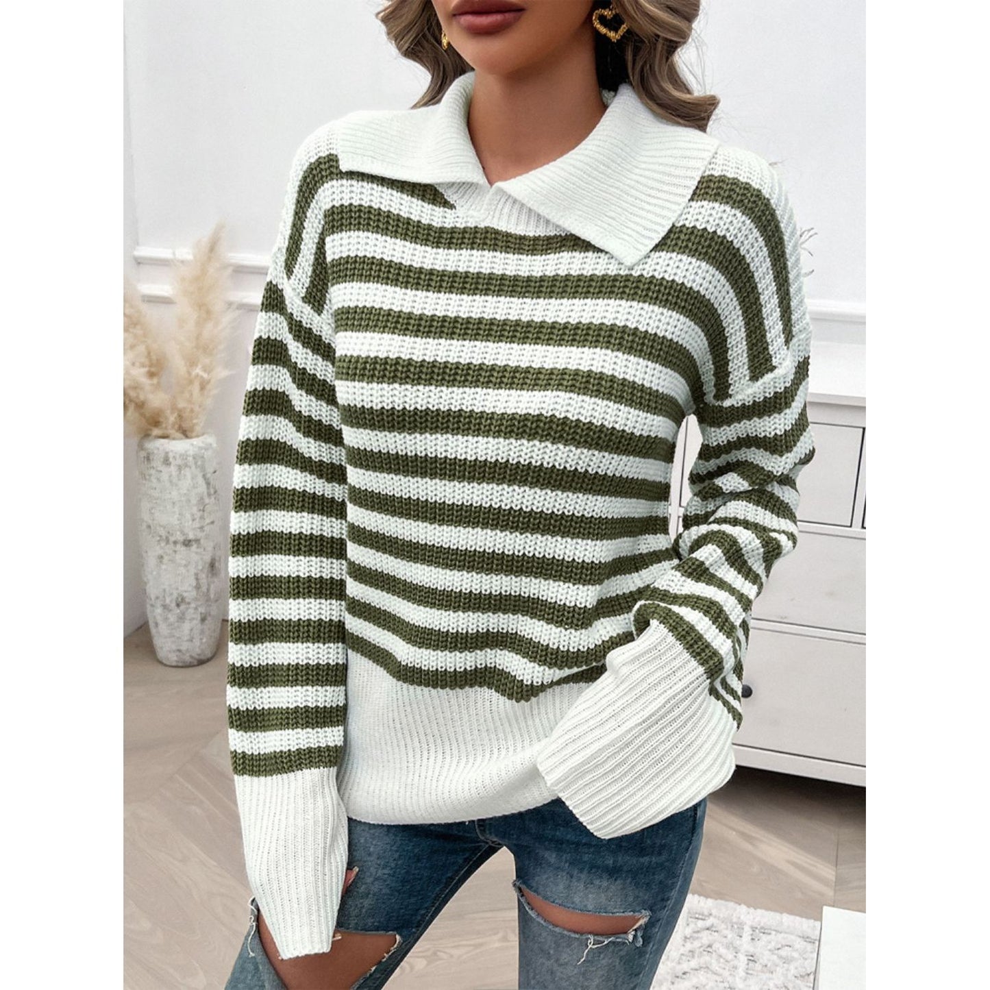 Devine Striped Collared Neck Long Sleeve Sweater