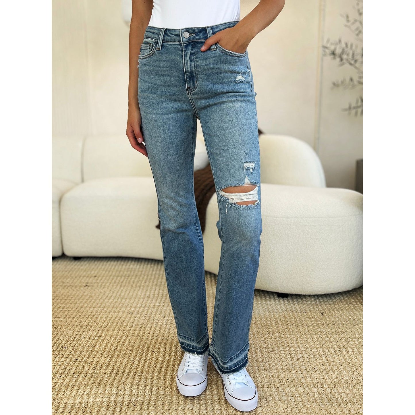 Judy Blue Full Size Mid Rise Destroyed Hem Distressed Jeans