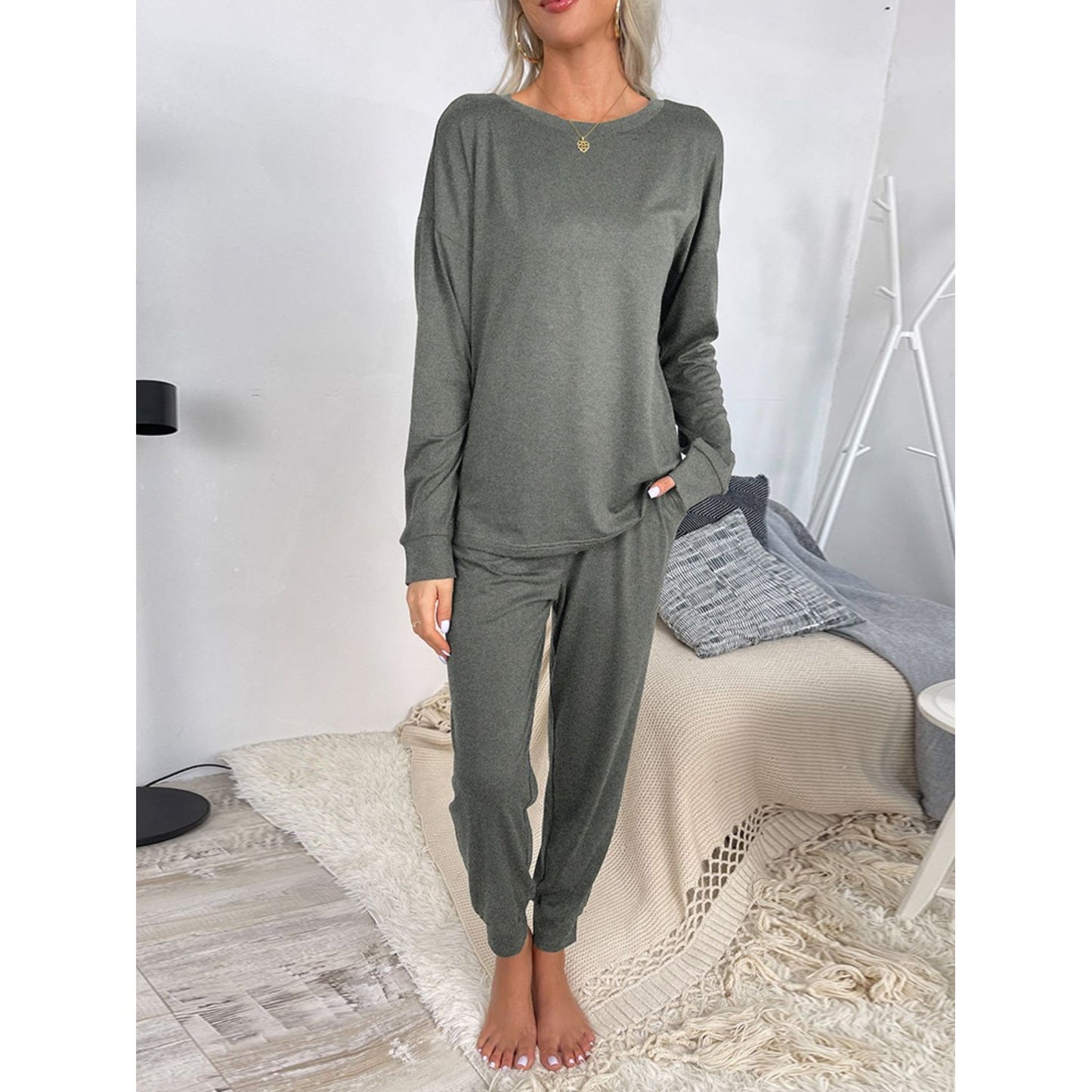 Shiny Round Neck Top and Drawstring Pants Lounge Set