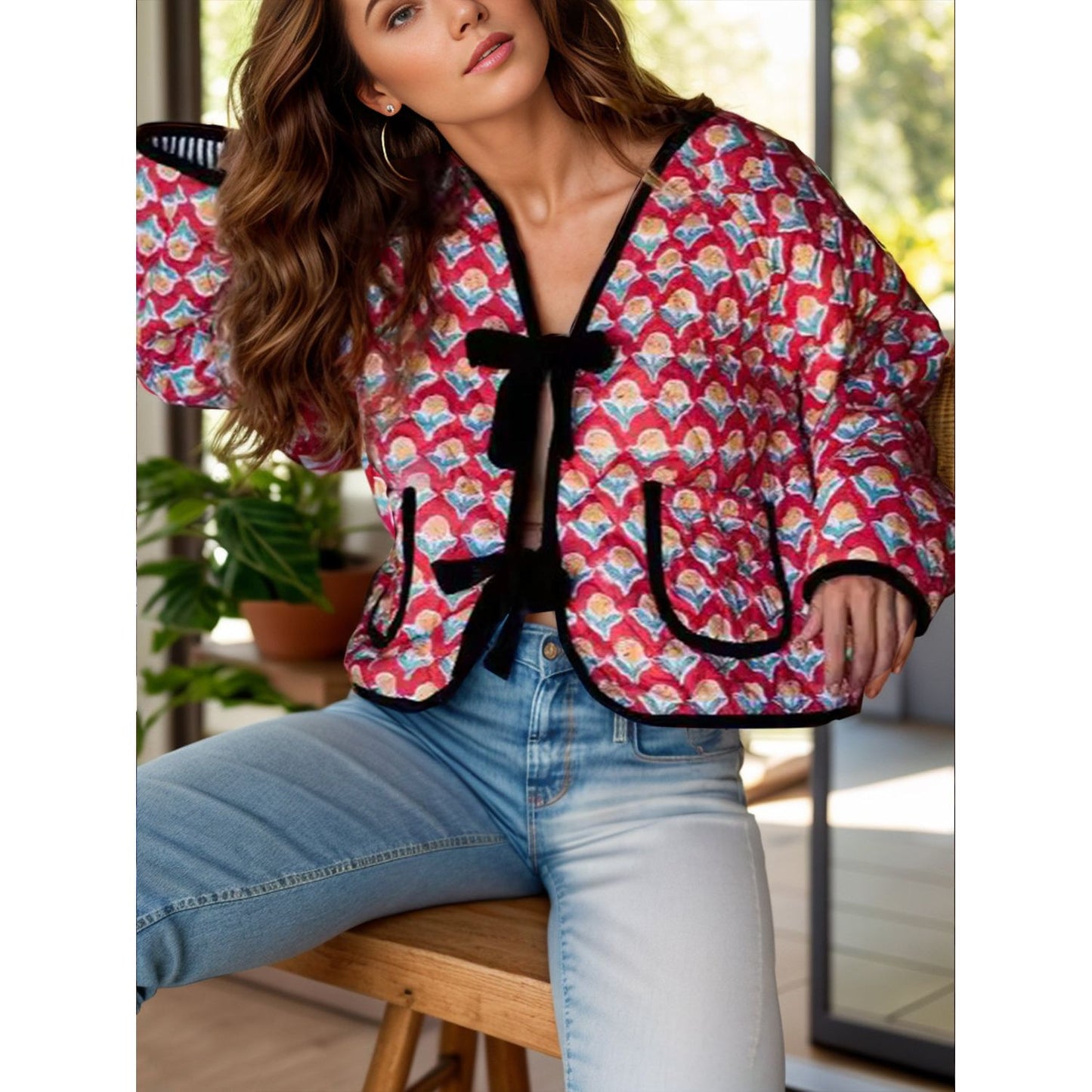 Tied Printed Long Sleeve Jacket