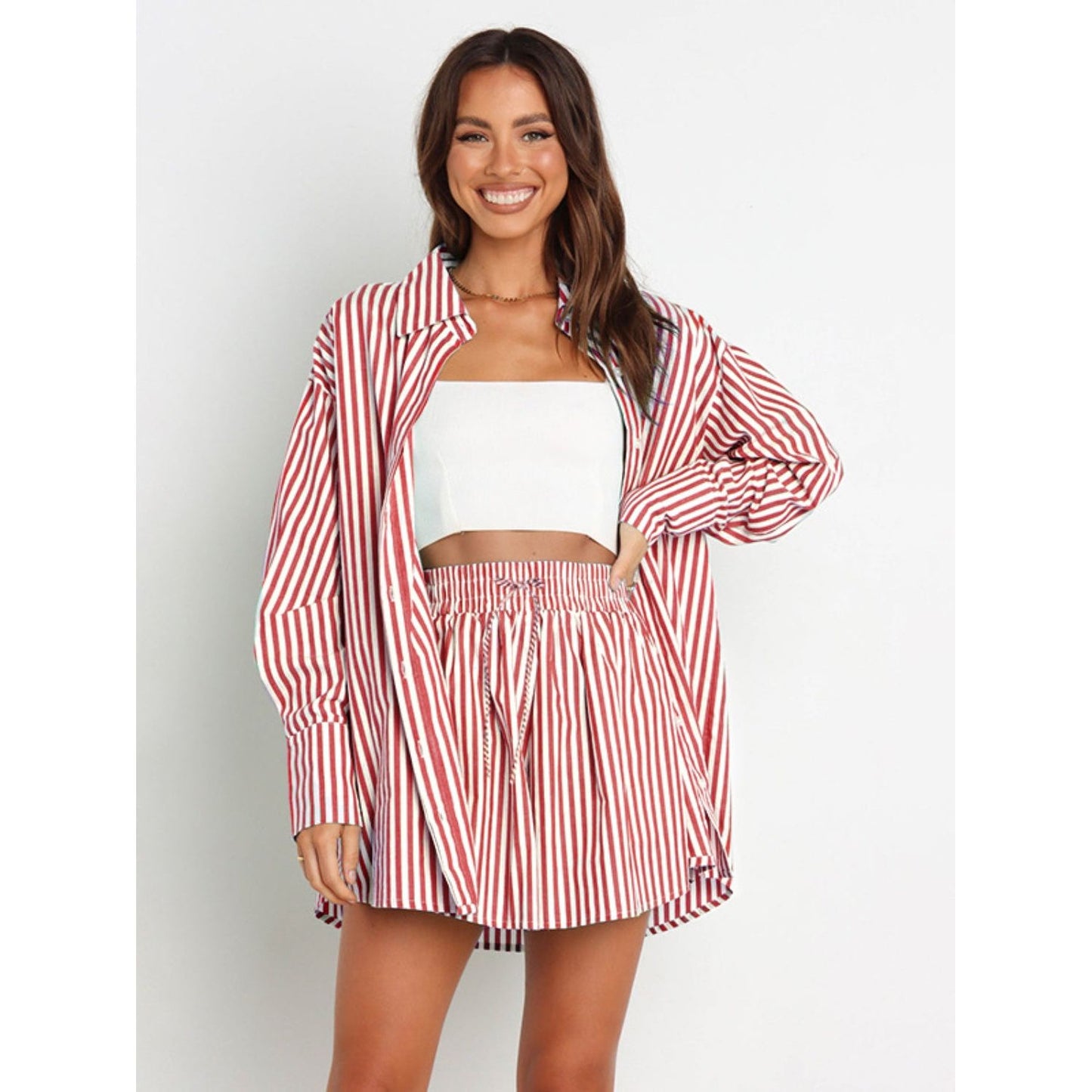 Striped Dropped Shoulder Shirt and Shorts Set