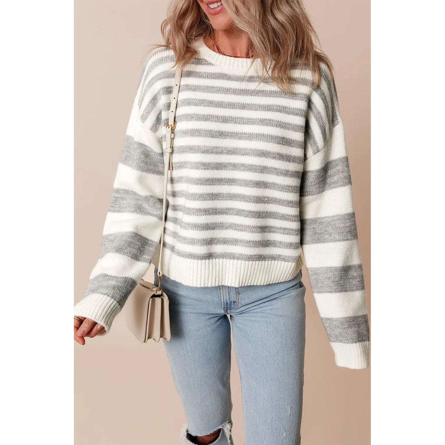 Striped Round Neck Dropped Shoulder Sweater