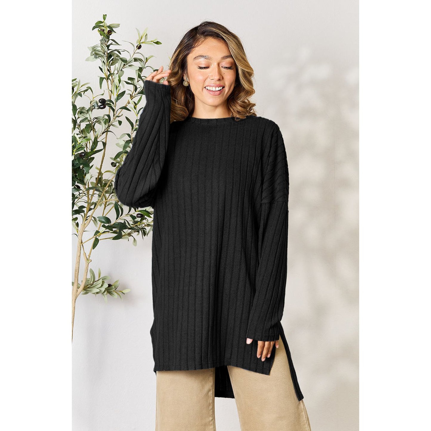 Basic Bae Full Size Ribbed Round Neck Long Sleeve Slit Top