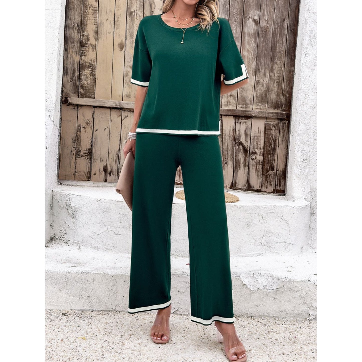 Contrast Trim Round Neck Top and Pants Set