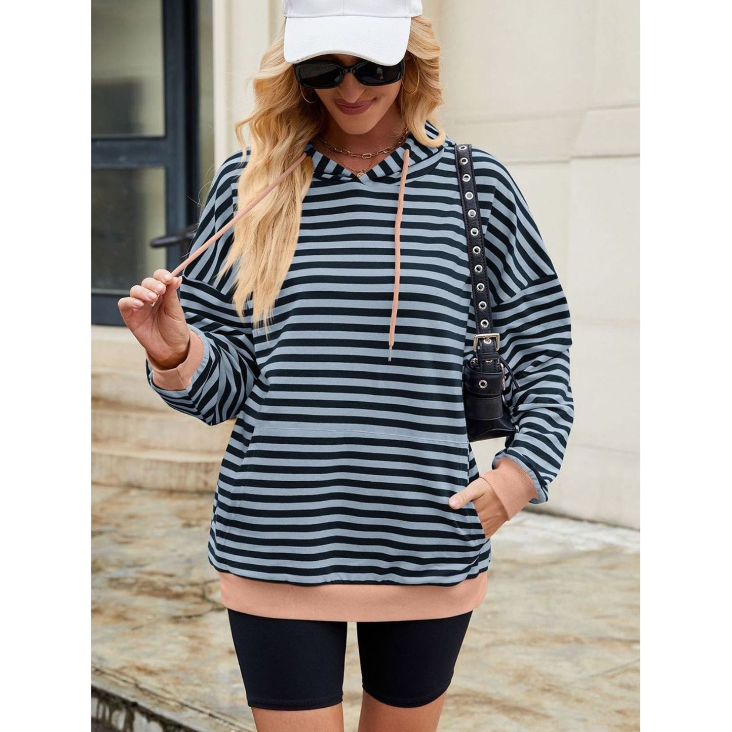 Drawstring Contrast Striped Long Sleeve Hoodie