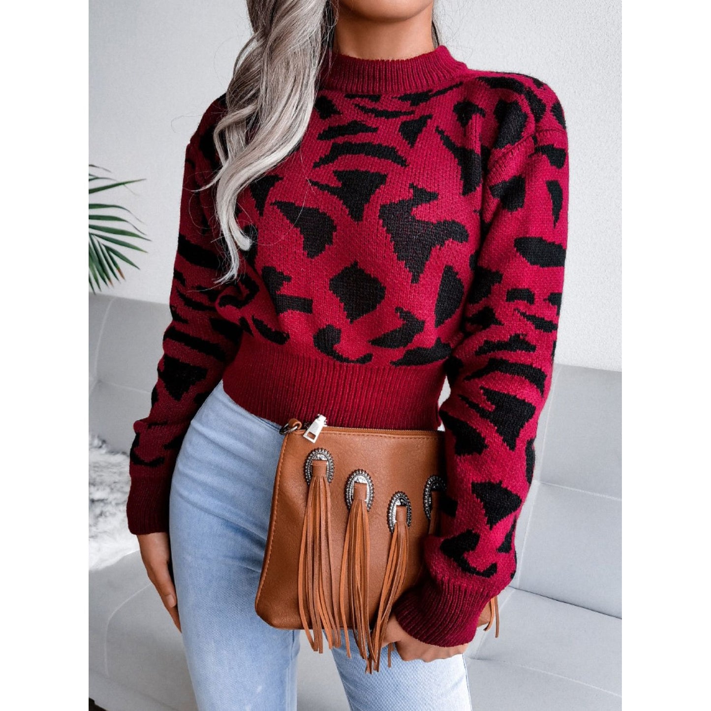 Leopard Round Neck Dropped Shoulder Sweater