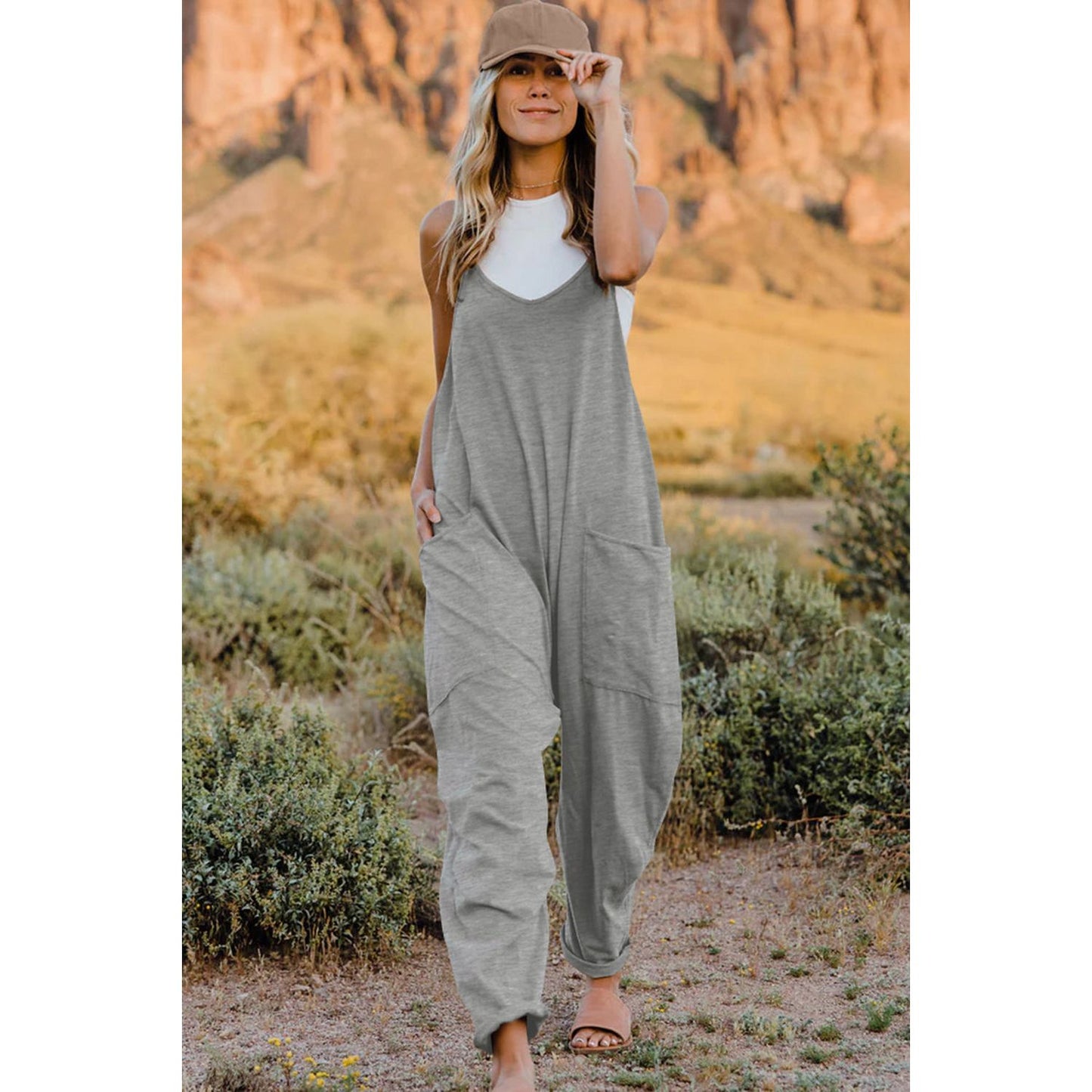 Double Take Full Size V-Neck Sleeveless Jumpsuit with Pockets