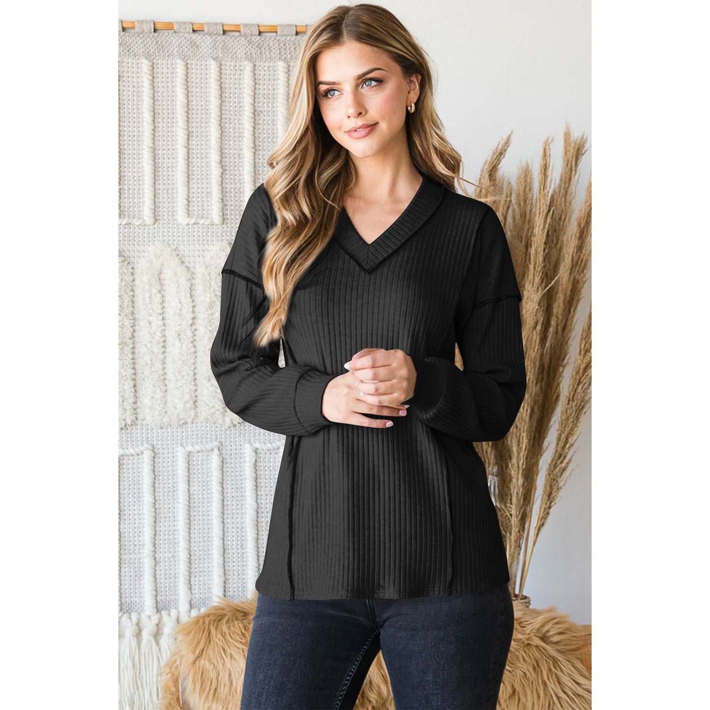 Heimish Full Size Ribbed V-Neck Exposed Seam Top