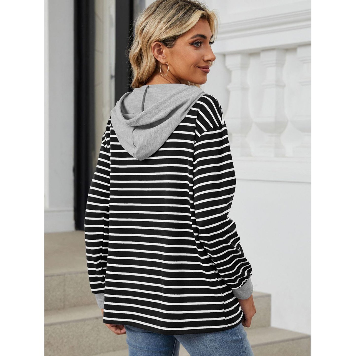 Drawstring Striped Long Sleeve Hoodie