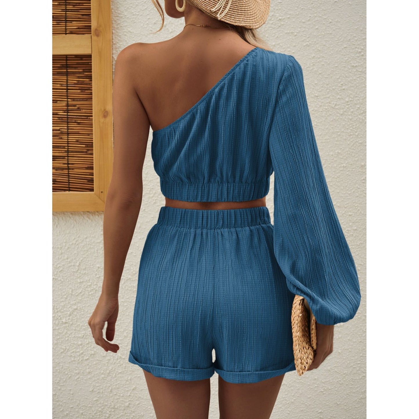 Honey One Shoulder Long Sleeve Top and Shorts Set