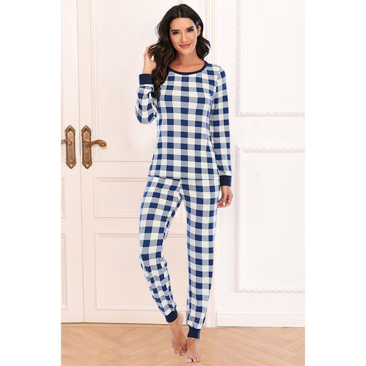 Plaid Round Neck Top and Pants Set