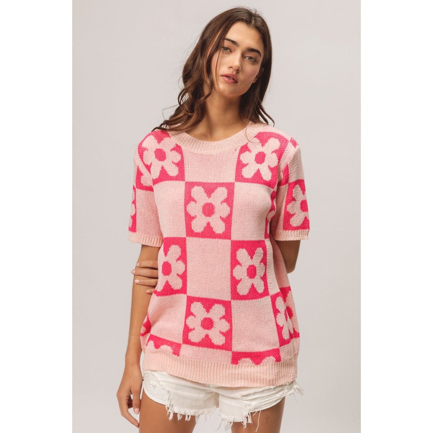 BiBi Flower Checker Pattern Short Sleeve Sweater