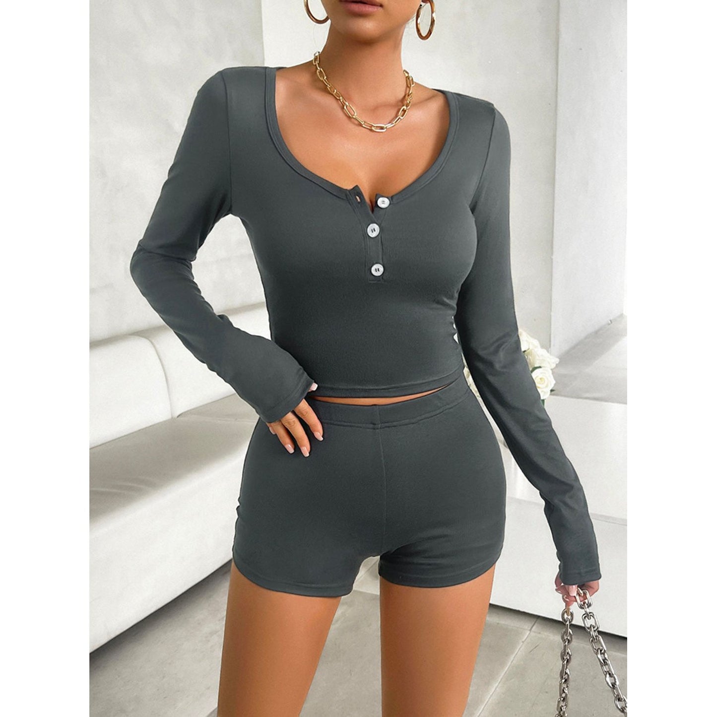 Devine Scoop Neck Long Sleeve Top and Shorts Set