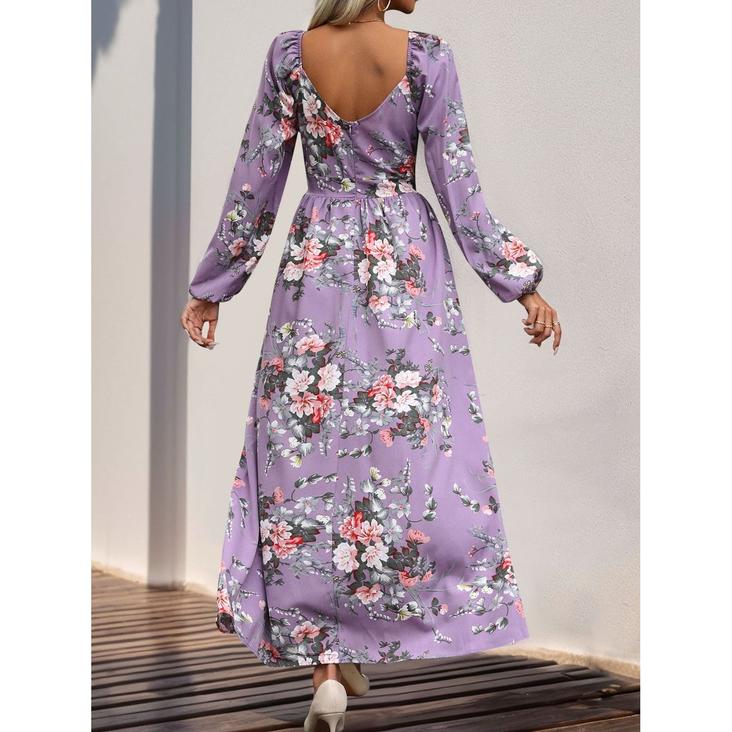 Slit Printed Surplice Long Sleeve Maxi Dress