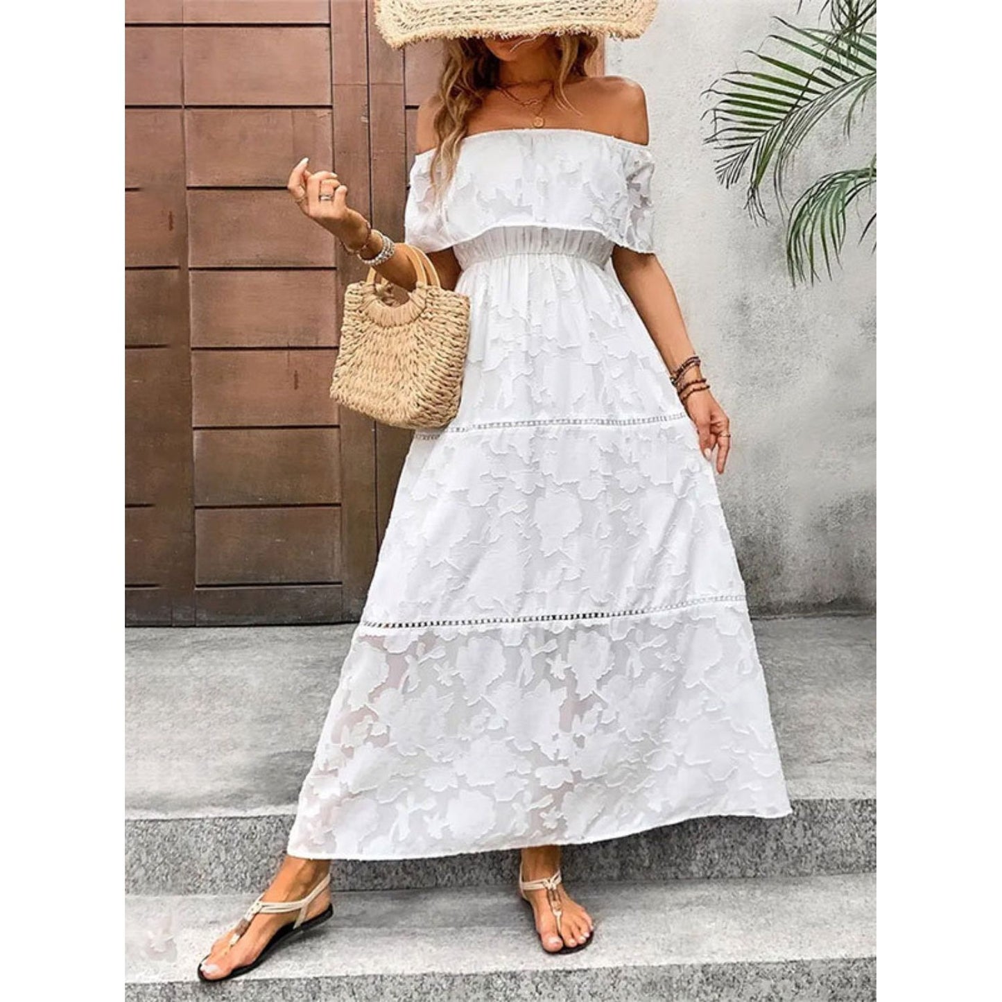 Off-Shoulder Short Sleeve Maxi Dress