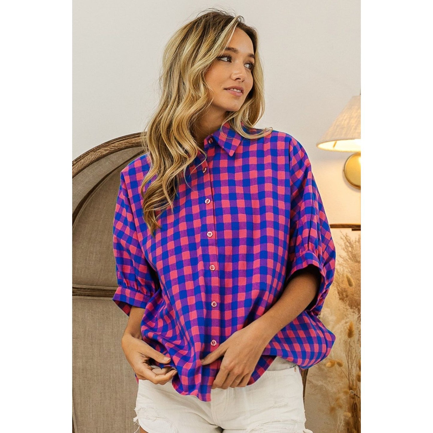 BiBi Plaid Button Up Dolman Sleeve Shirt