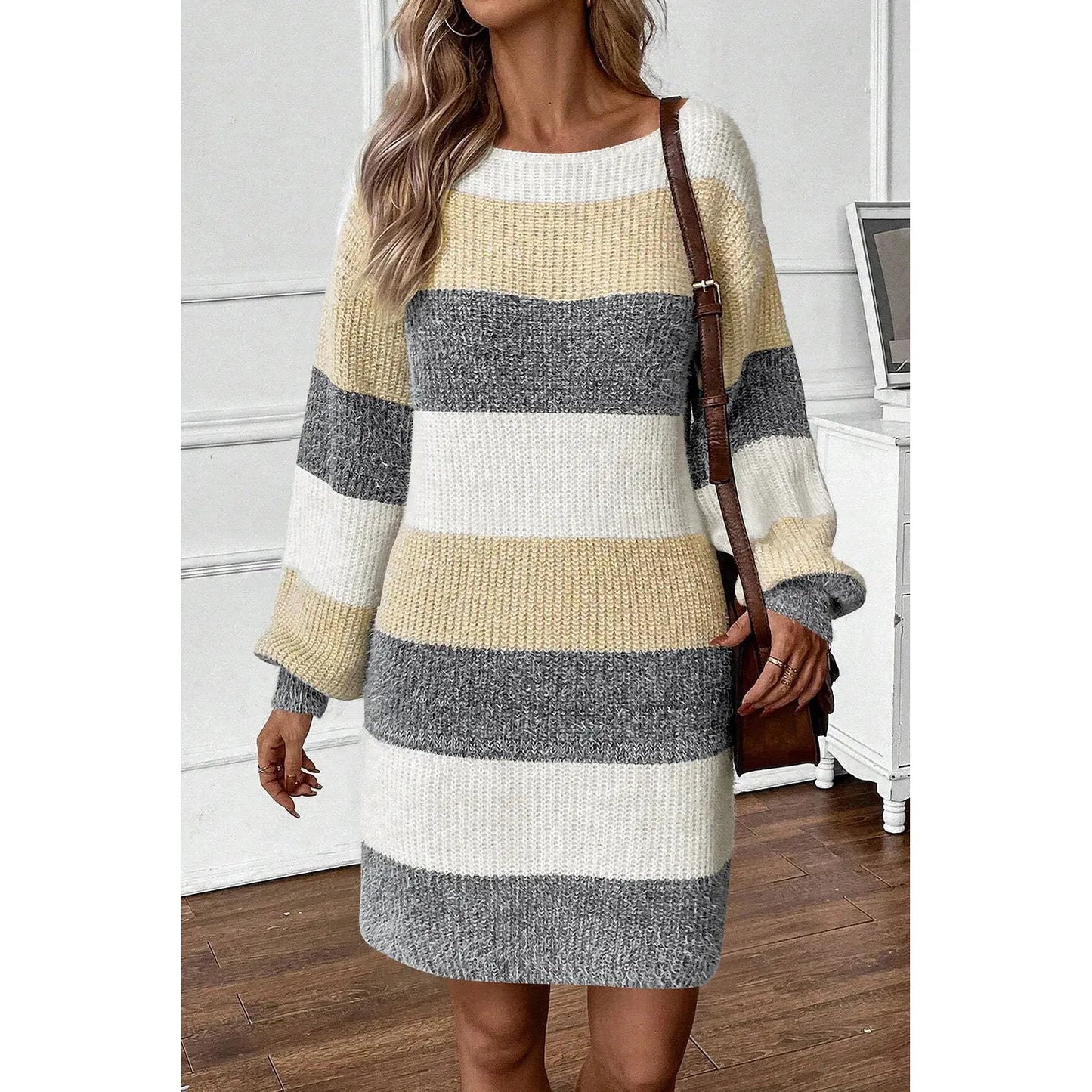 Color Block Boat Neck Long Sleeve Sweater Dress