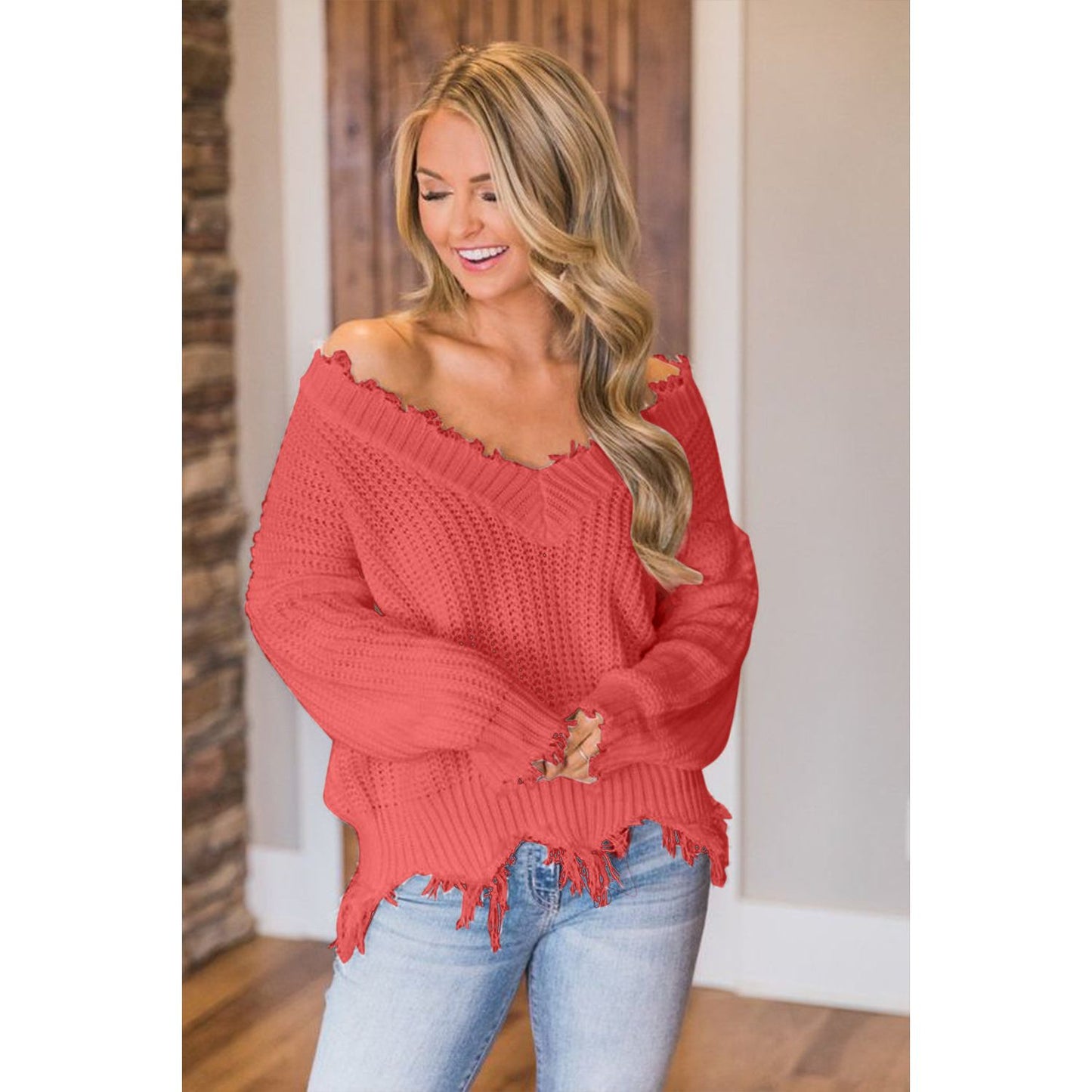 Frayed Hem Dropped Shoulder Sweater